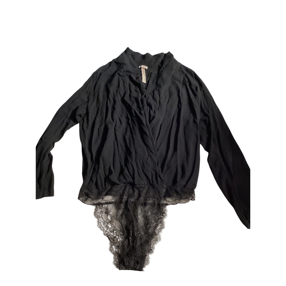 Free People Intimately Wrap Lace Bodysuit Womens Large Black Excellent LS